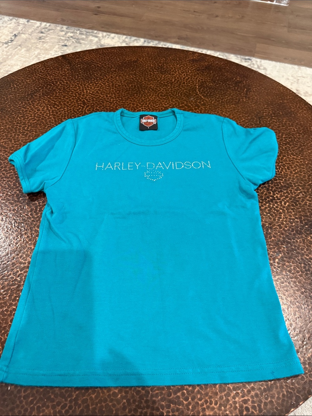 Harley Davidson turquoise ladies rhinestone logo short sleeve top size large .